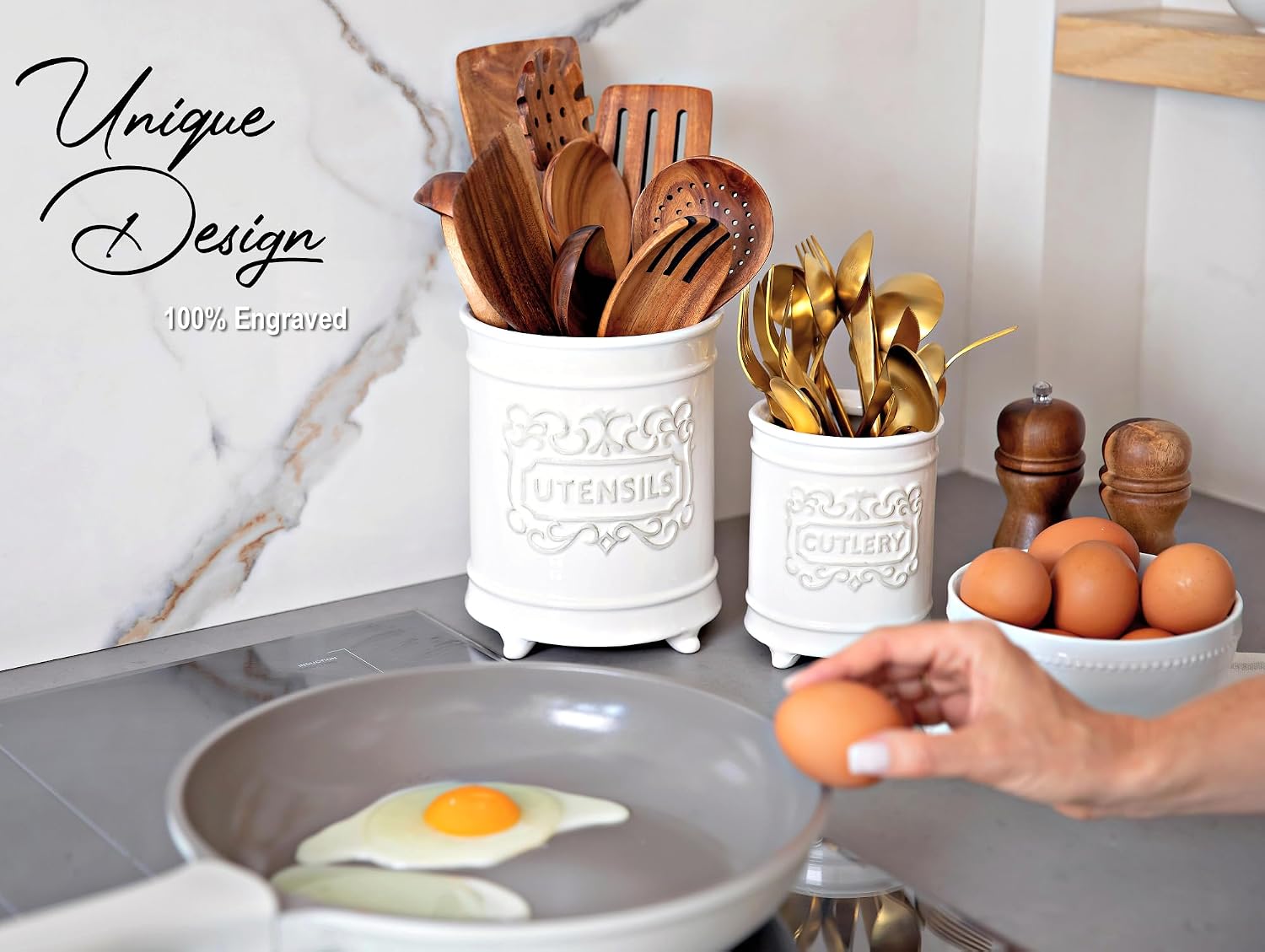 25DOL Large 7.5"+5.5" Elegant Ceramic Utensil Holder for Countertop, Cooking Utensils Organizer for Spatula, Large