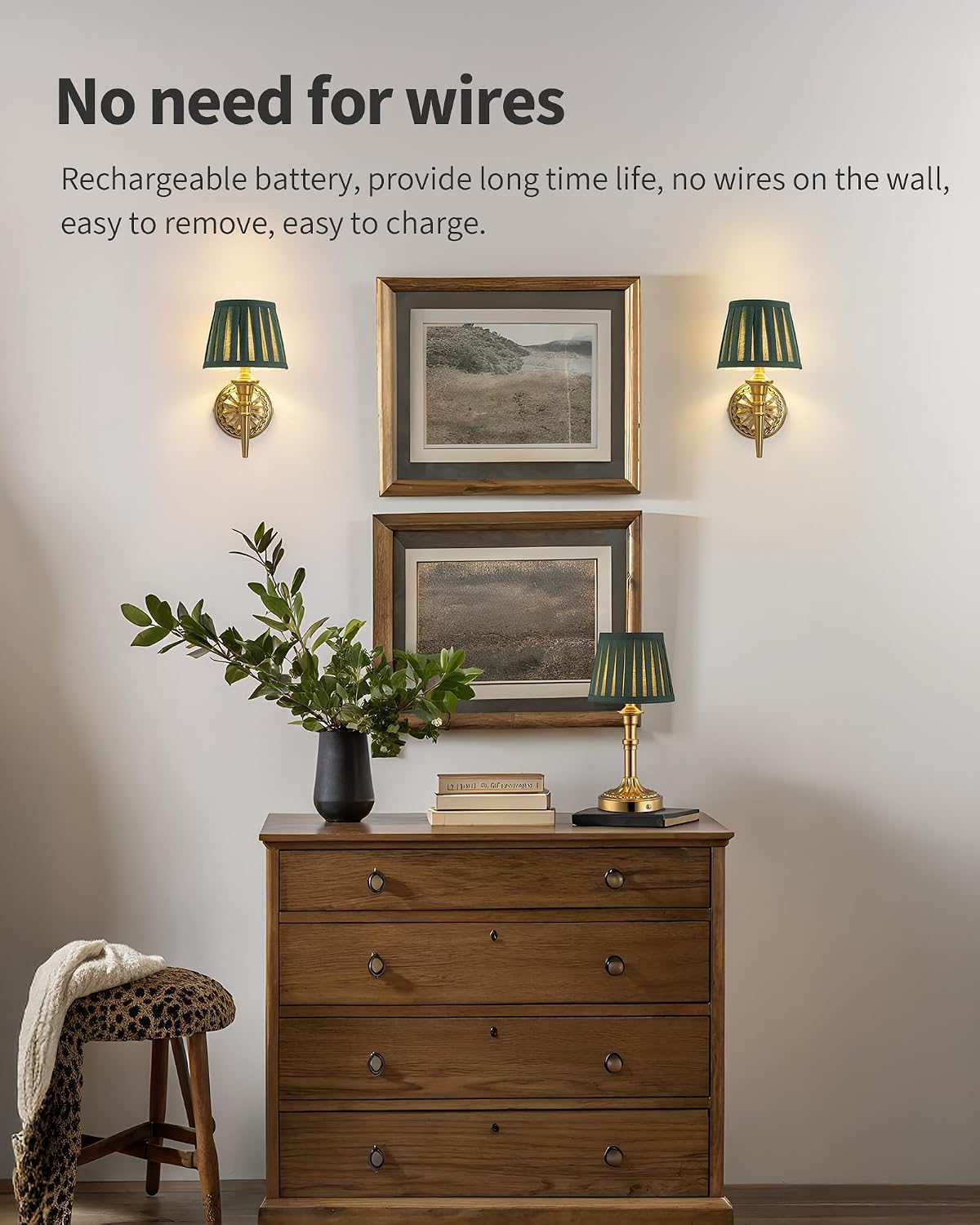 KDG Cordless Gold Wall Sconces Set of 2, Green Fabric Lampshde Wall Lamps | Small LED Wireless Portable Rechargeable