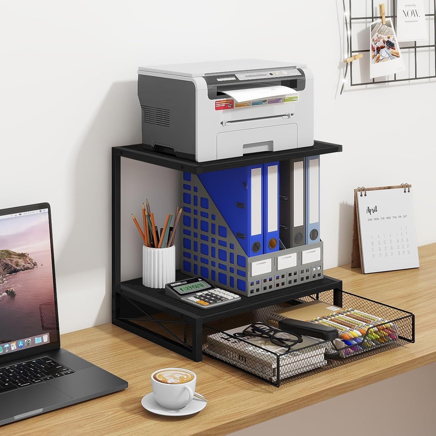 ELITEROO 2-Tier Printer Shelf with Drawers, Wooden Desk Shelf for Printer | Small Printers Shelf for Office Supplies