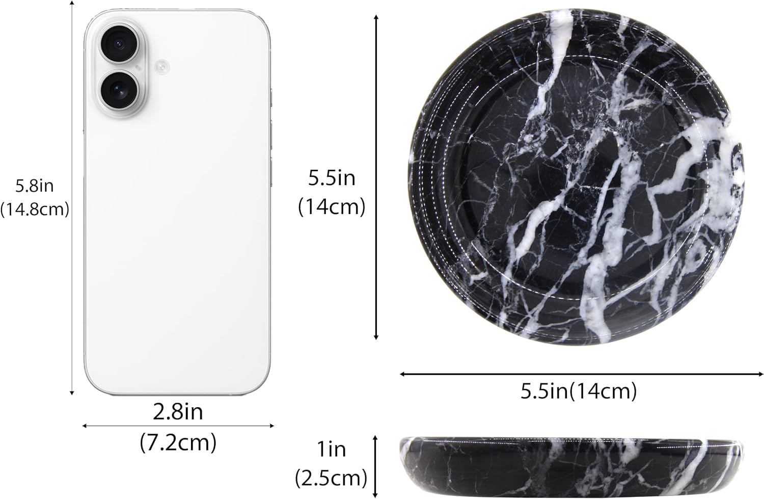 Small Natural Marble Jewelry Tray Key Plate Holder Dish Trinket Decor Catch All Bowl / Black