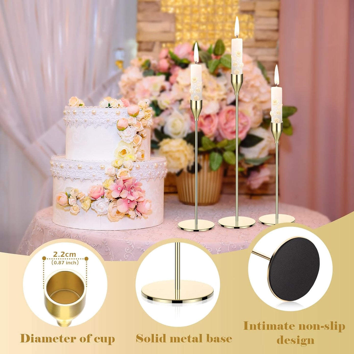 27 Pack Candles Holders, 9 Sets Metal Taper Candlestick Holders,Gold | Fit 0.75 Inch Thick Pillar Candles, Modern