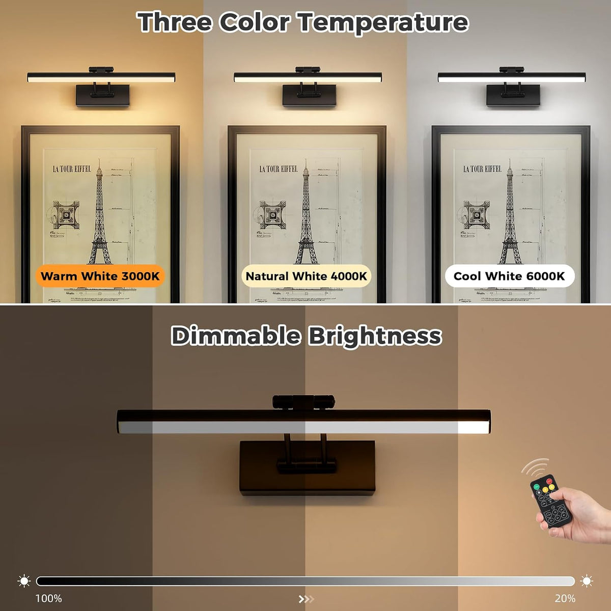 JUSHENG Picture Lights for Wall Battery Operated, Black 3CCT Dimmable Gallery Light with Detachable Battery and Timer