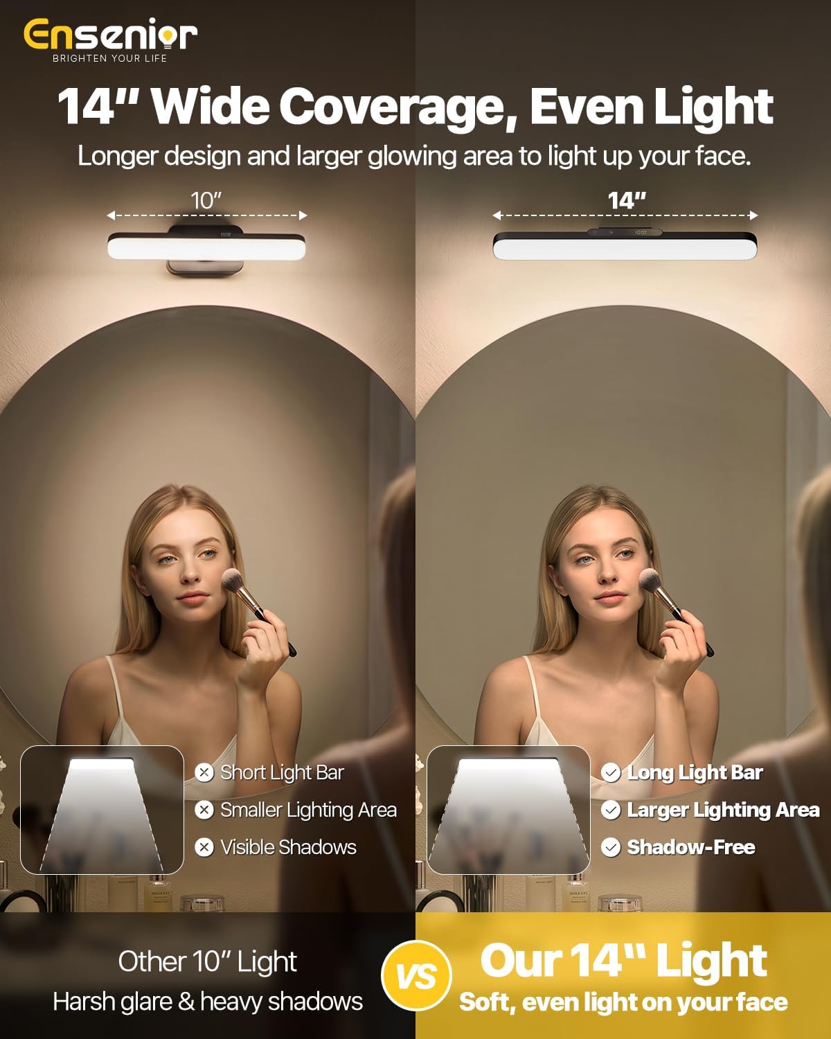 14" Rechargeable Vanity Light Bar, Mirror Lights with Remote Control,2 Pack | Stick-on, Dimmable, Eye-Friendly, 3