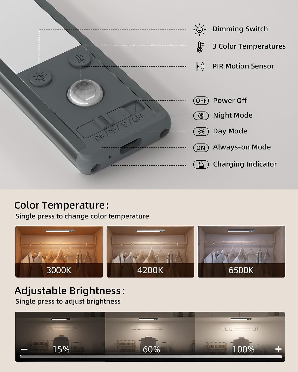 EZVALO 14.5 inch Under Cabinet Lighting, 3200mAh Rechargeable Motion Sensor Lights Indoor 3 Color Temps, Magnetic Stick