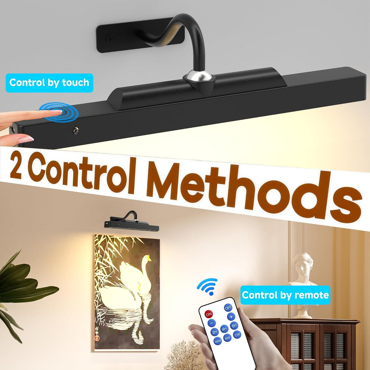 Picture Light, 4400mAh Black Rechargeable Battery Operated Wireless Art Light, Cordless Dimmable Remote Magnetic