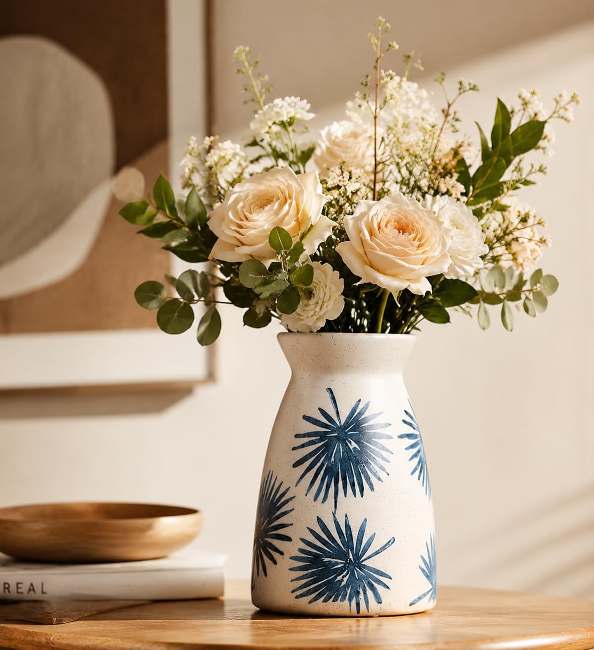 Modern Vases / White Flower Vase- Ceramic Vase for Decor / Teal White-7inch