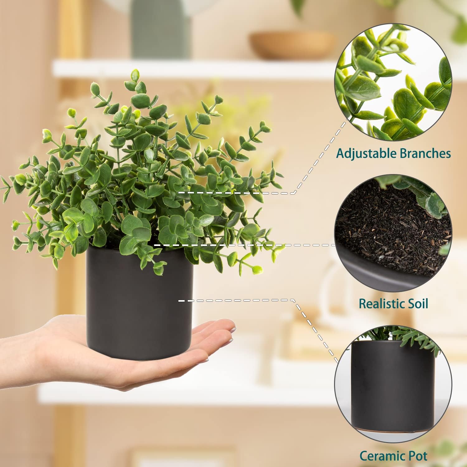 Ceramic Pot Artificial Potted Plants for Rustic Farmhouse Decor / Ceramic Pot #02 / Set of 3