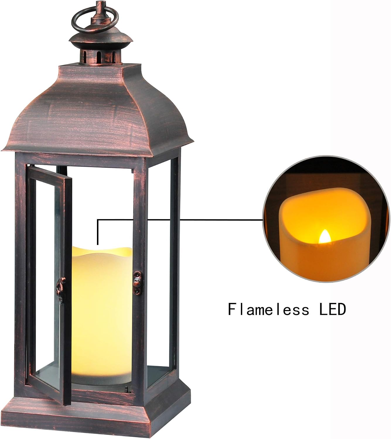 Decorative Lantern with flameless LED Candle Light, Outdoor/Indoor LED Lantern, The Door-Open H16 Decorative