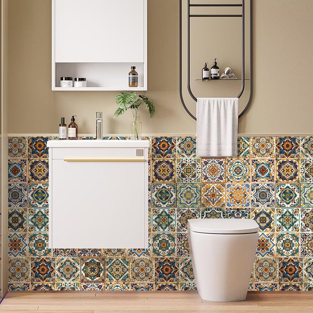Moroccan Boho Tile Stickers Peel and Stick / 4 x 4 / Retro Green / Set of 24