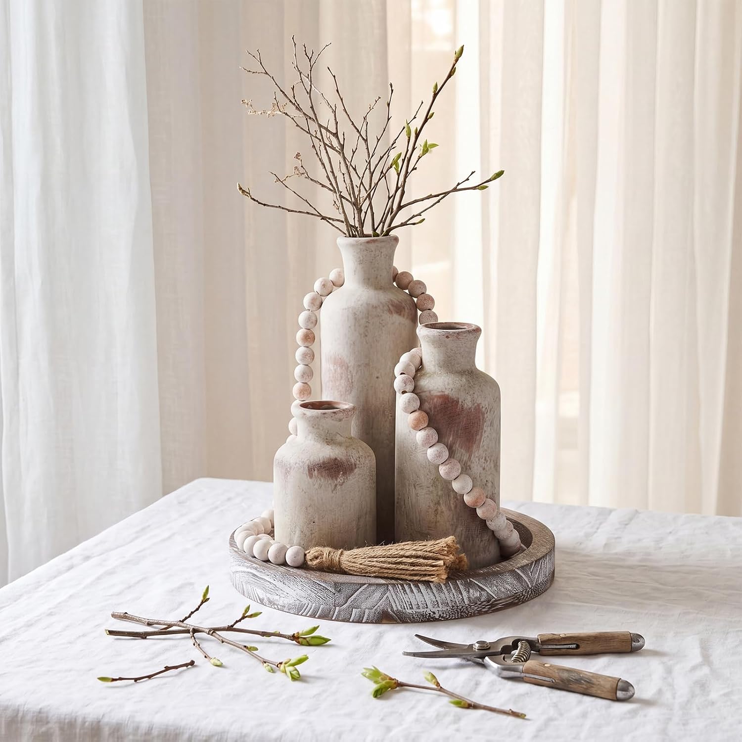 Wooden Serving Tray Wood Bead Garland / Vintage White / Set of 5