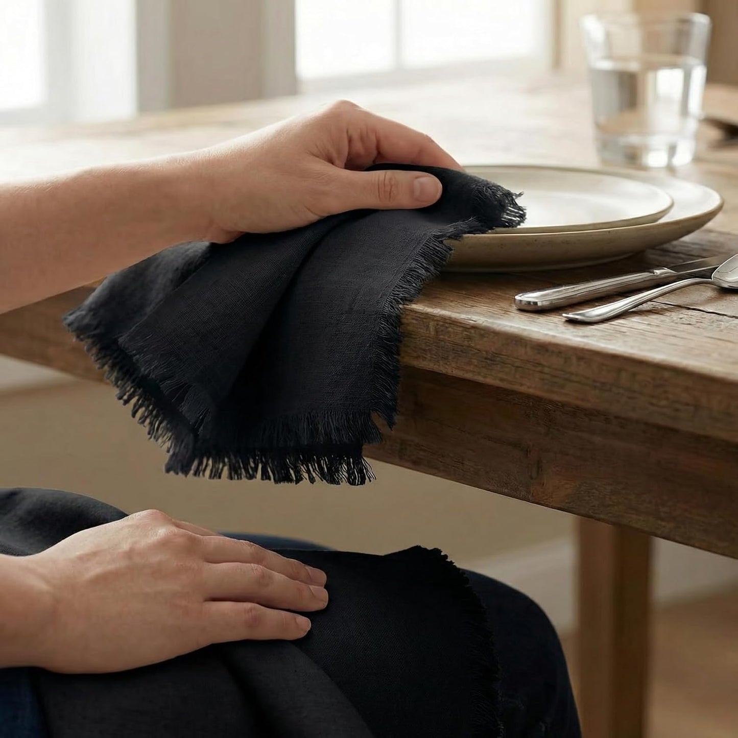 ACCENTHOME Black Cotton Linen Napkin Set of 12 18x18 inch Dinner Napkins | Cotton Linen Blend Napkins, Machine Wash On