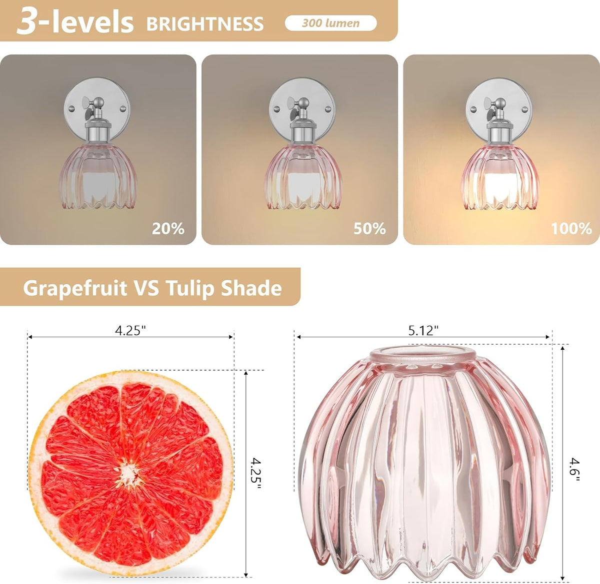 Vintage Battery Operated Wall Sconce, Pink Tulip Glass Lampshade Wireless Rechargeable Battery Powered LED Wall Light