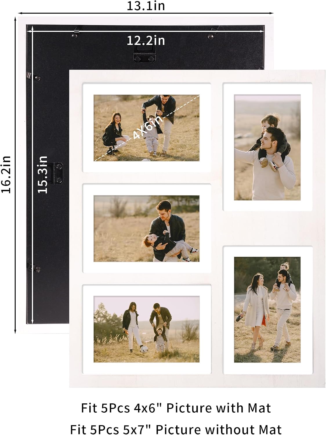 YESKAY 4x6 or 5x7 Picture Frames, White Rustic Wooden Frame with Real Glass, Displays Pictures Five 4x6 with Mat or