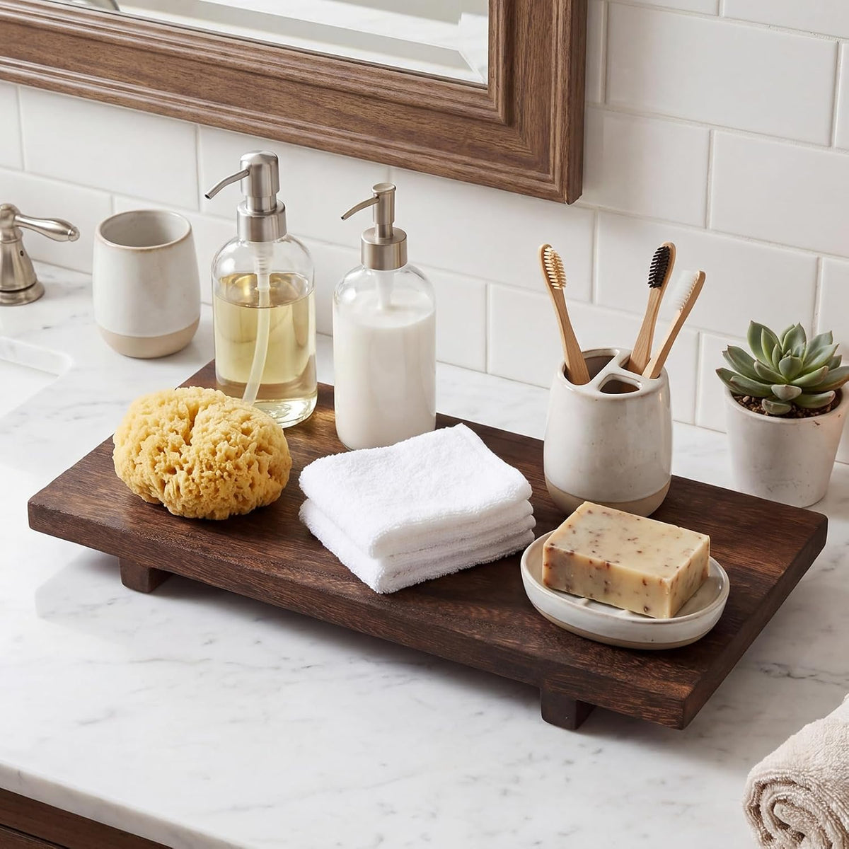 Nuogo Wood Pedestal Riser Stand for Kitchen Soap Tray,16 X 8 Inch,Brown | Rustic Wooden Soap Holder for Kitchen Sink