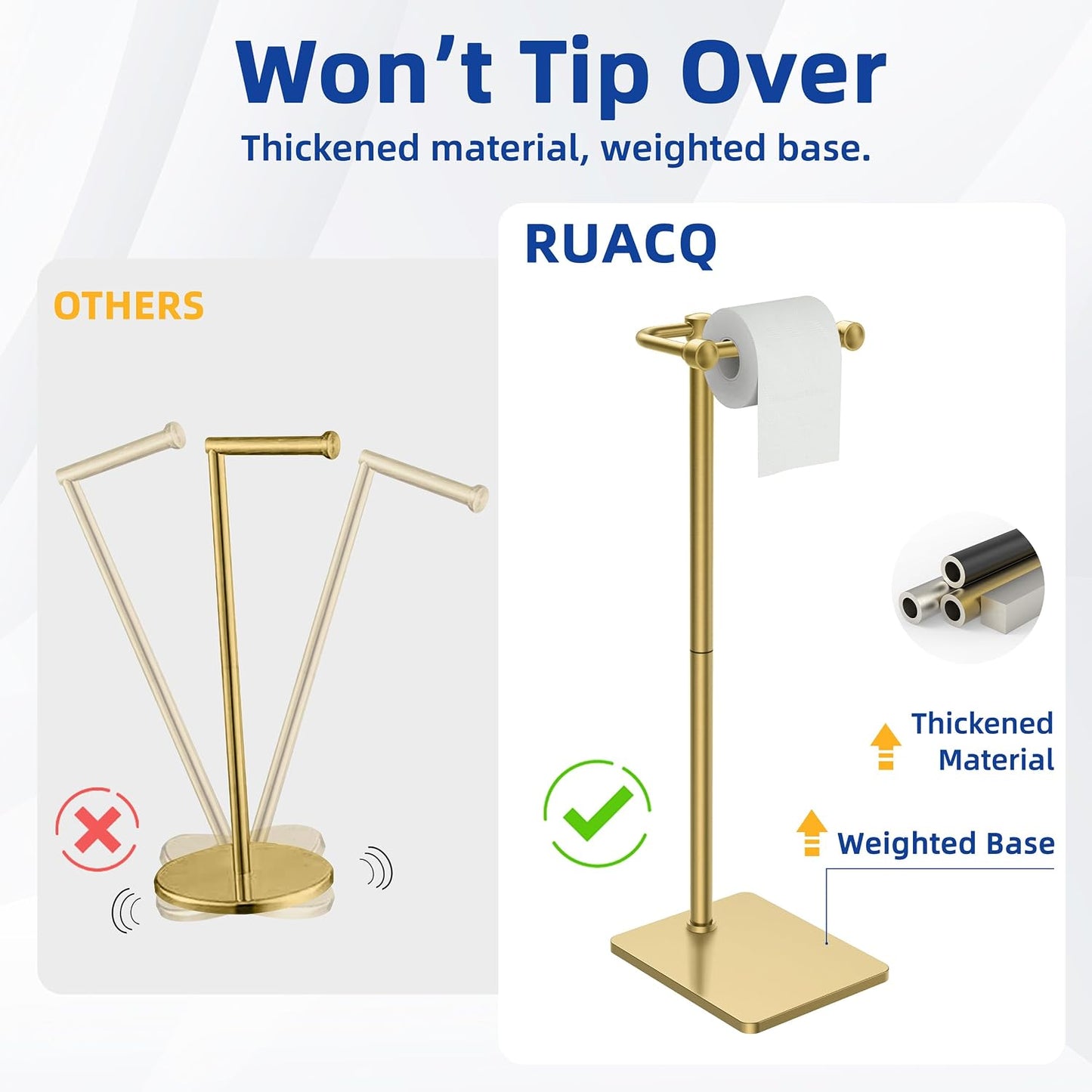 RUACQ Bathroom Toilet Paper Holder Stand, Brushed Gold | Dual-Post Pivoting Free Standing Toilet Roll Holder with