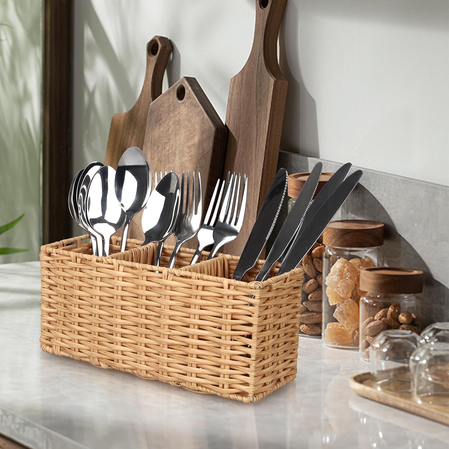 Wicker Flatware Silverware Caddy Cutlery Holder Kitchen Silverware / 9.5"lx4"hx3.3"w / Natural