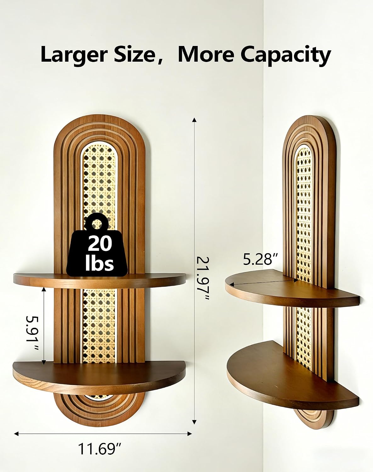 Floating Shelves / 2-Tier Rattan Plant Shelf / Walnut