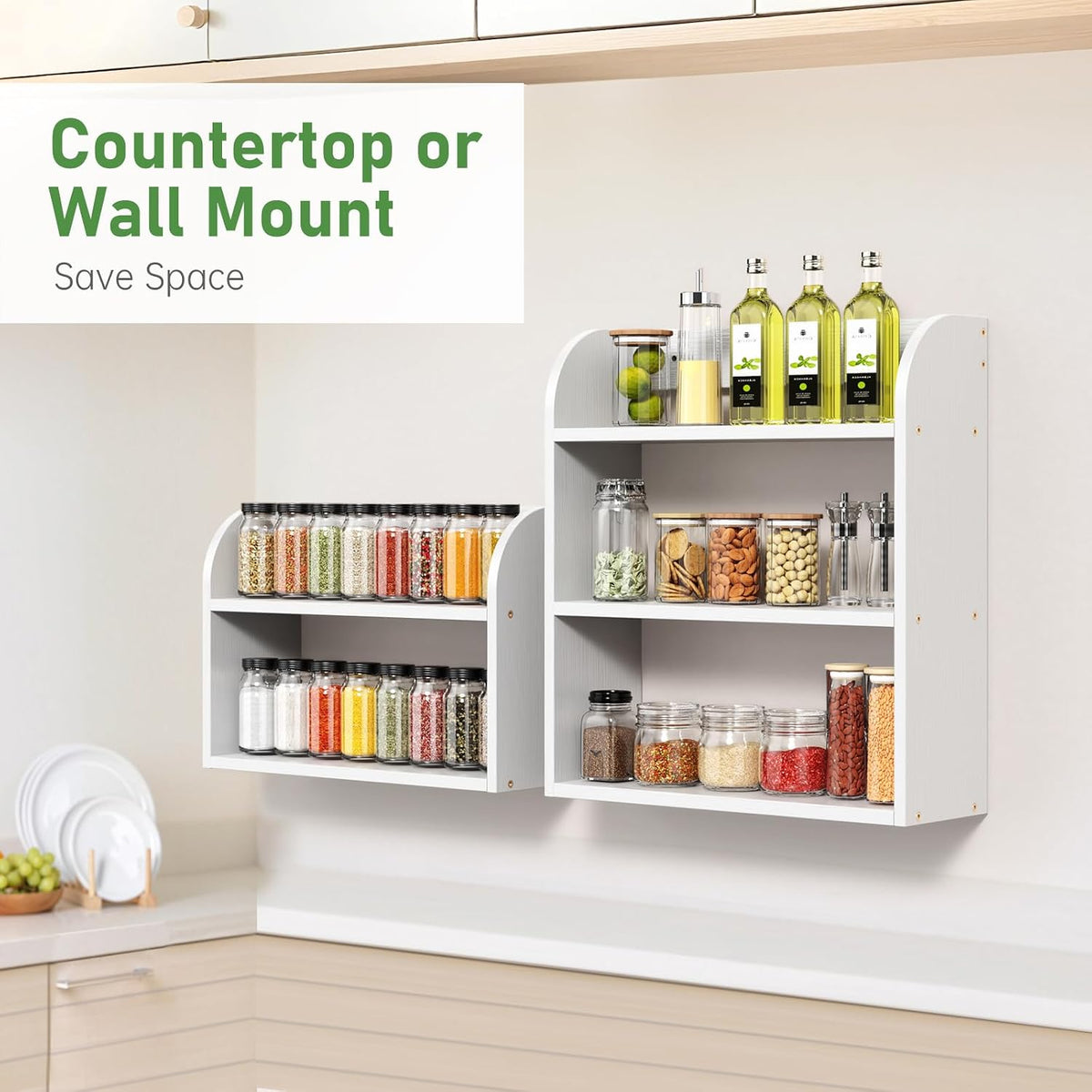 ROMGUAR CRAFT 3 Tier Bamboo Spice Rack, Countertop or Wall Mounting Wood Spice Jars Organizer Shelf for Kitche, Pantry