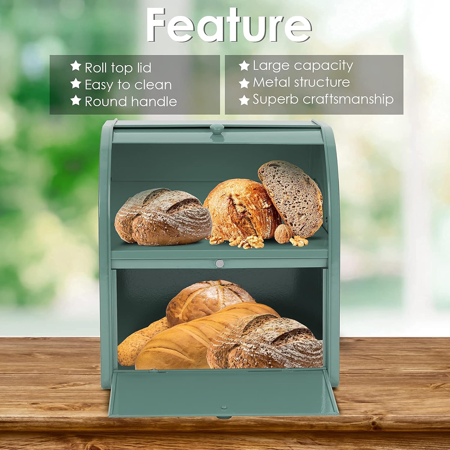 Stainless Steel Bread Box, 2 Layer Roll Top Bread Boxes, Large Capacity Food Storage Container for Kitchen Counter