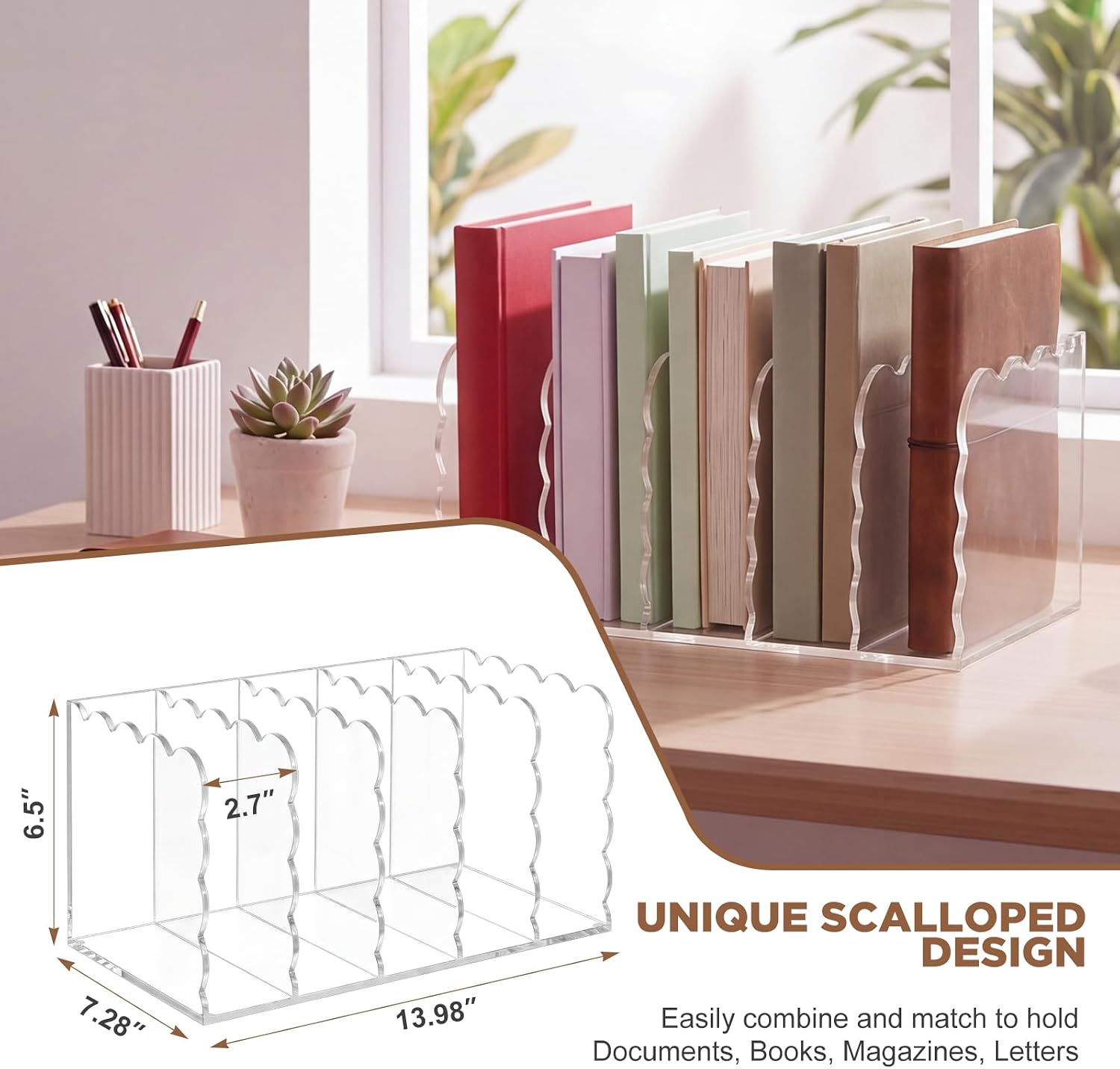 Scalloped Magazine File Holder / Acrylic / 13.98 x 7.28 x 6.5 / Standard Style / Clear