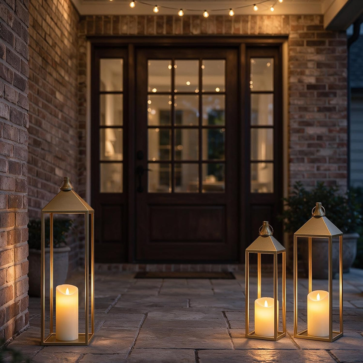 3 Pcs Large Gold Decorative Lanterns with Candles, Metal Candle Lantern | 22" 19" 17" Lanterns Decorative Outdoor