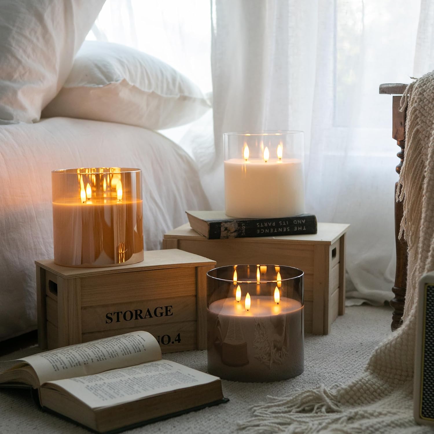 Extra Large Flameless Candles with 3 Wicks, 6"x6" Glass Battery Operated Candles with Remote, Real Wax Flickering LED
