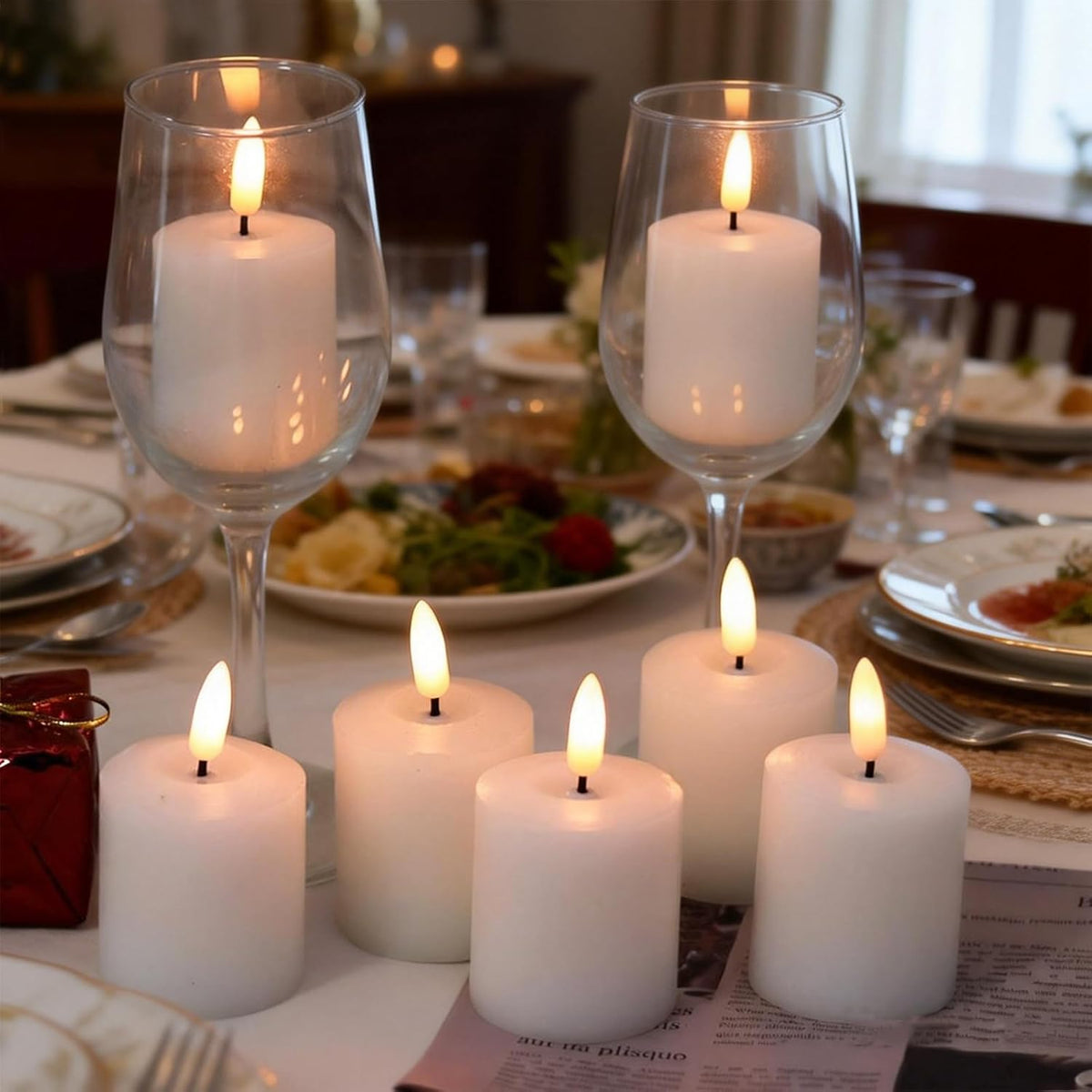 GenSwin Wax Votive Flameless Candles Battery Operated Remote Timer White | Battery Include, 2 x 3.2 In, 12 Pack, Pillar