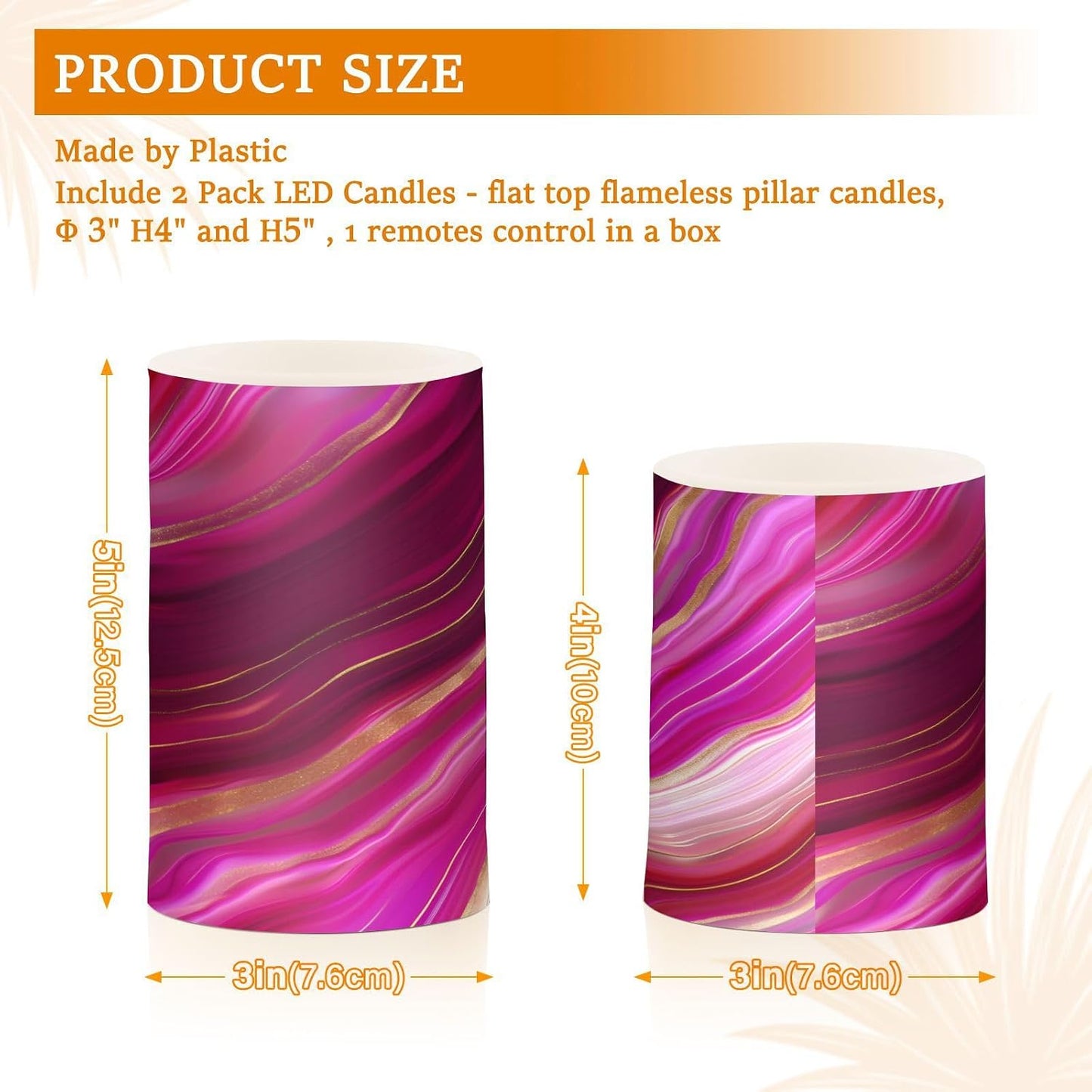 Flickering Flameless Candles, Fuchsia Gold Fluid Marble LED Candles with Remote Timer, Set of 2 Battery Operated Candle