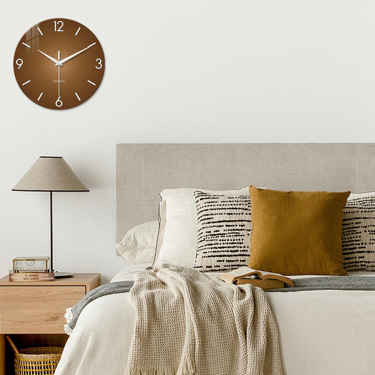 XFM Modern Glass Wall Clock for Living Room 16 Inch Brown | Silent Non-Ticking Battery Operated Big Size Simple