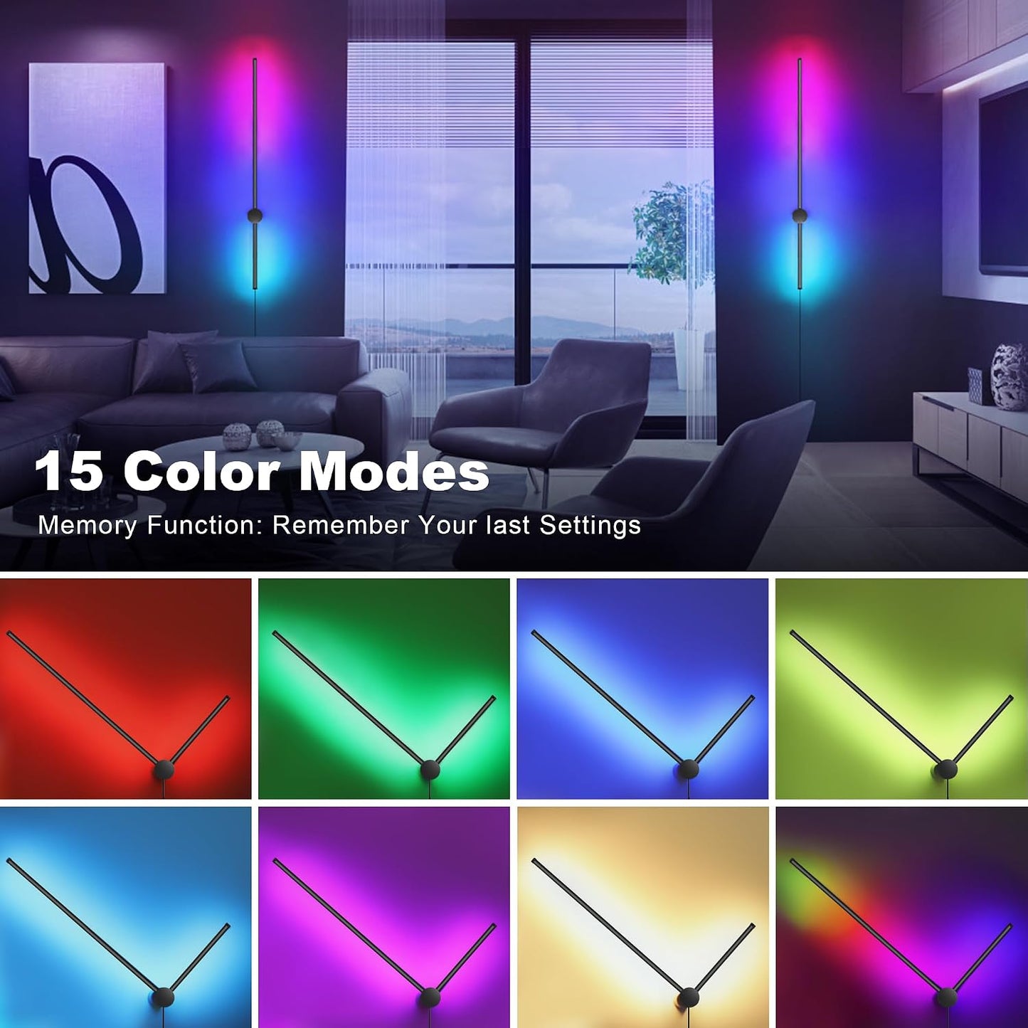 RGB LED Wall Sconces Set of Two with Remote, 15 Color Modes, Dimming, DIY 180° Rotate, Black Plug in Wall Sconces with