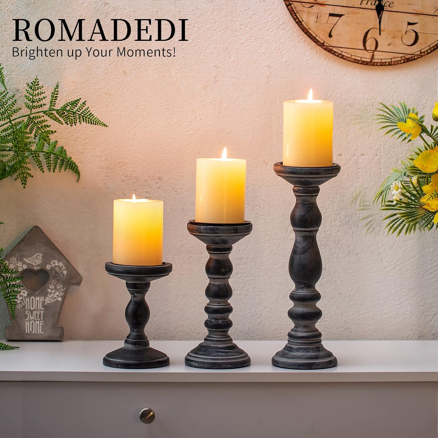 Romadedi Black and Gray Distressed Wood Pillar Candle Holders, Set of 3 | Rustic Farmhouse Wood Candle Set for Mantel