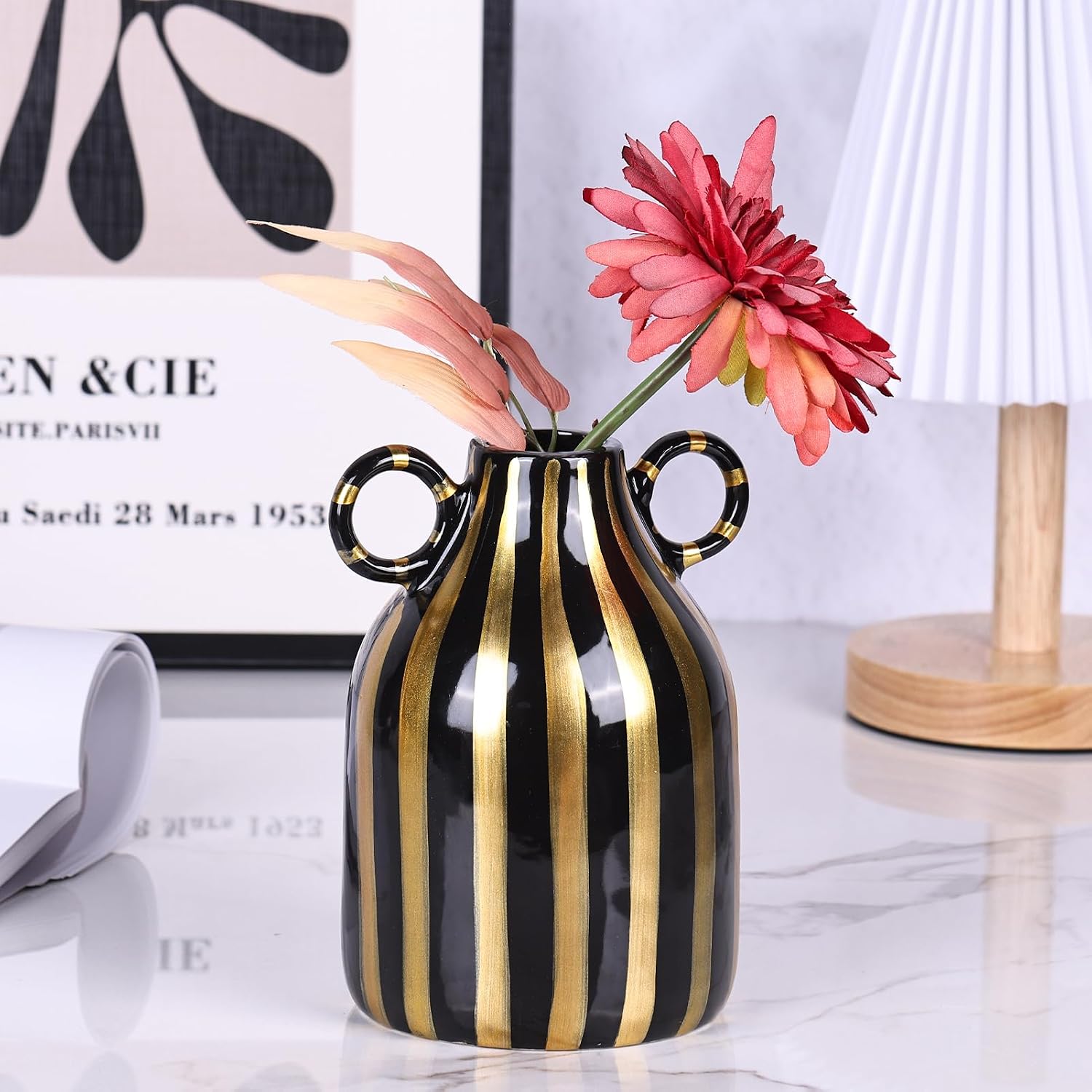 Ceramic Black and Gold Hand-Painted Striped Decorative Vase for Modern Bohemian Pampas / Black Gold
