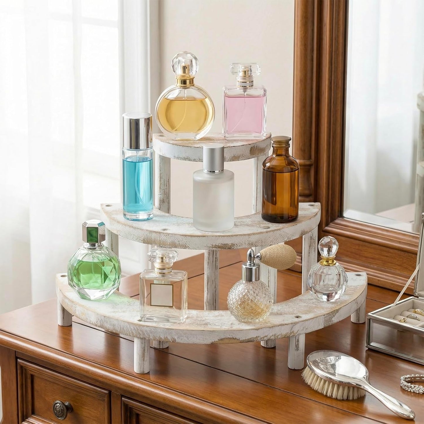 MyGift 3 Tier Wooden Display Riser Stand Whitewashed Dessert Shelf | Three Level Design, Rustic Whitewashed Finish