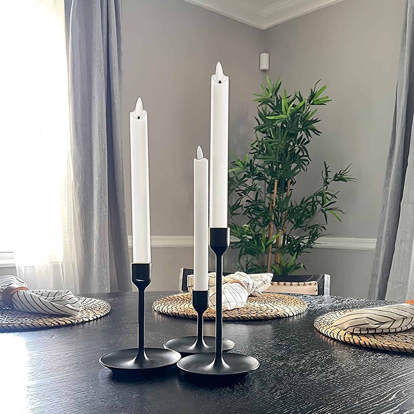 Flameless White Taper Candles Flickering with Timer and 10-Key Remote, Battery Operated LDE Warm 3D Wick Light Window