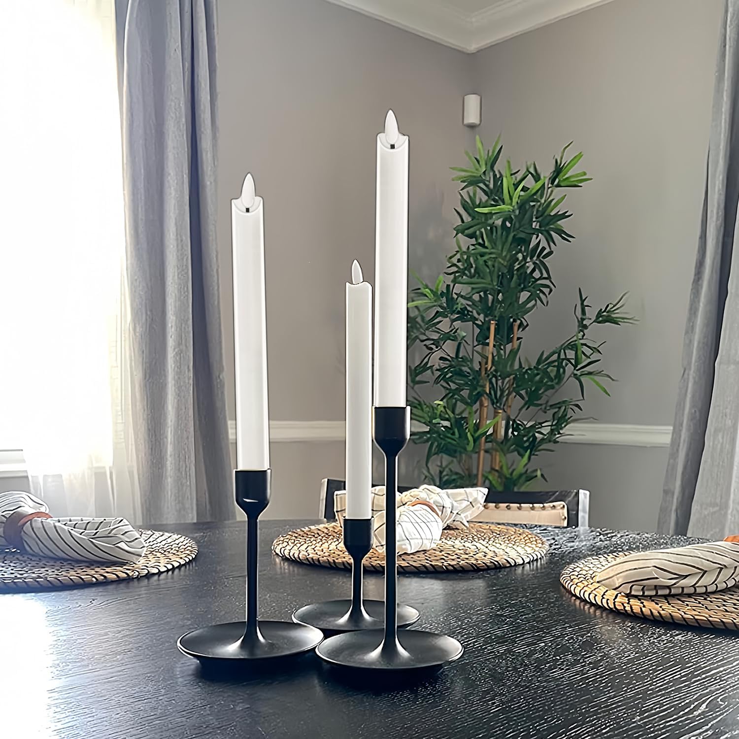 Flameless White Taper Candles Flickering with Timer and 10-Key Remote, Battery Operated LDE Warm 3D Wick Light Window