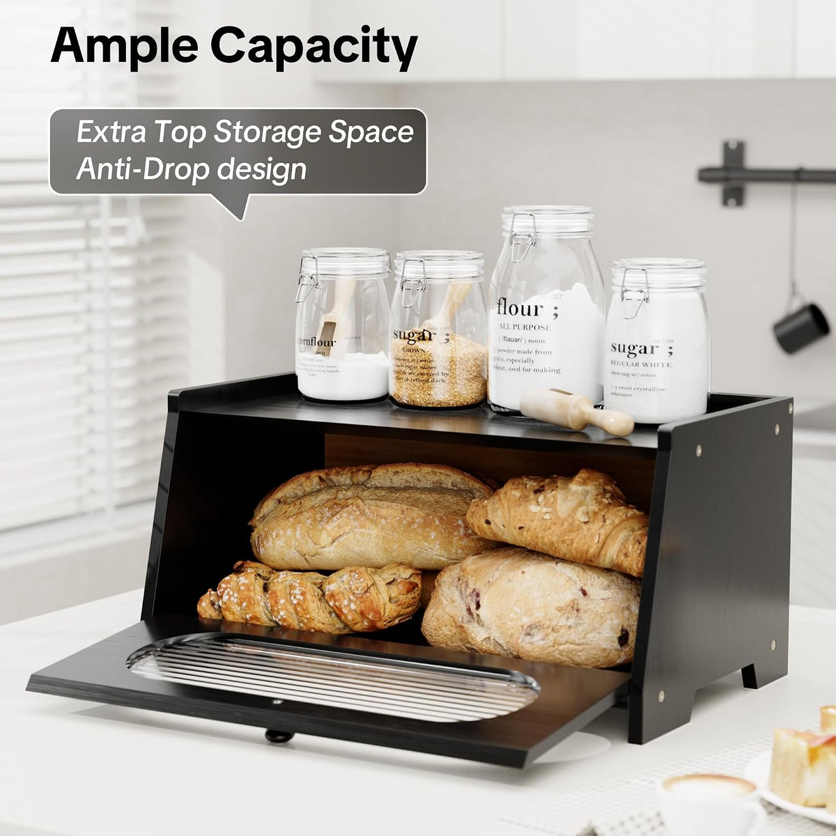 Black Bread Box for Kitchen Countertop,Large Capacity Kitchen Countertop Organizer,Bread Storage with Acrylic Window