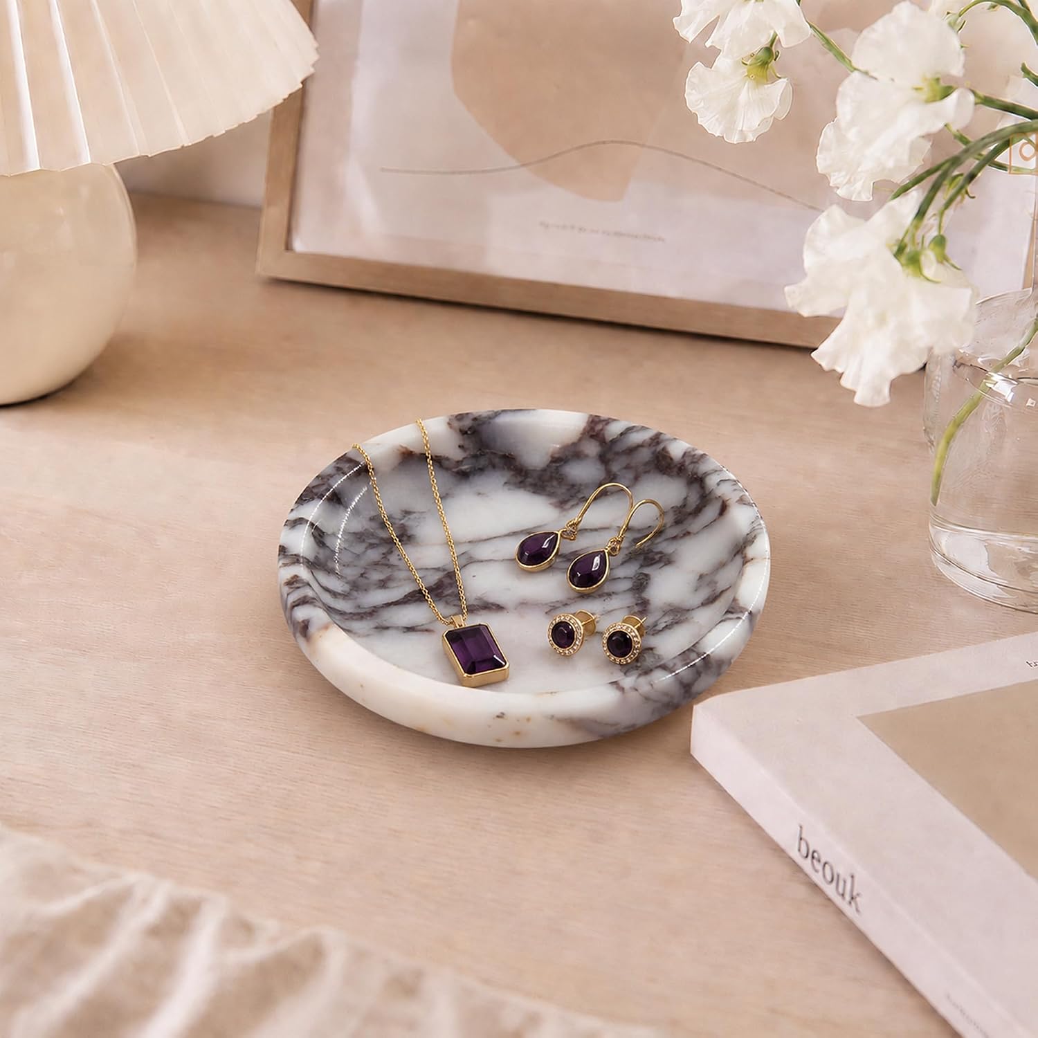 Small Marble Jewelry Tray Key Plate Holder Dish Trinket Decor Catch All / Calacatta Viola / Natural