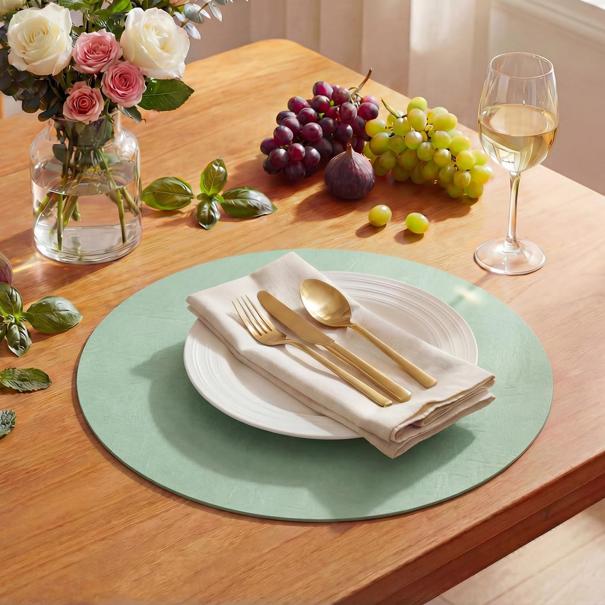 Artoid Mode Sage Faux Leather Placemats Set of 6, 15 Inch Waterproof Wipeable Heat Resistant Vinyl Place Mats