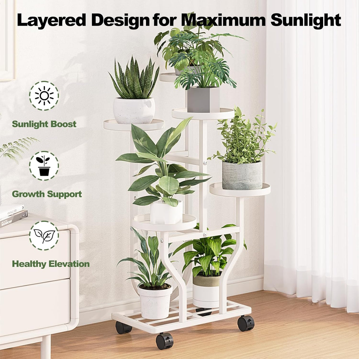 Plant Stand with Wheels, White 5 Tier Metal Plant Shelf for Indoor Outdoor | Corner Plants Stand Indoor for Bedroom