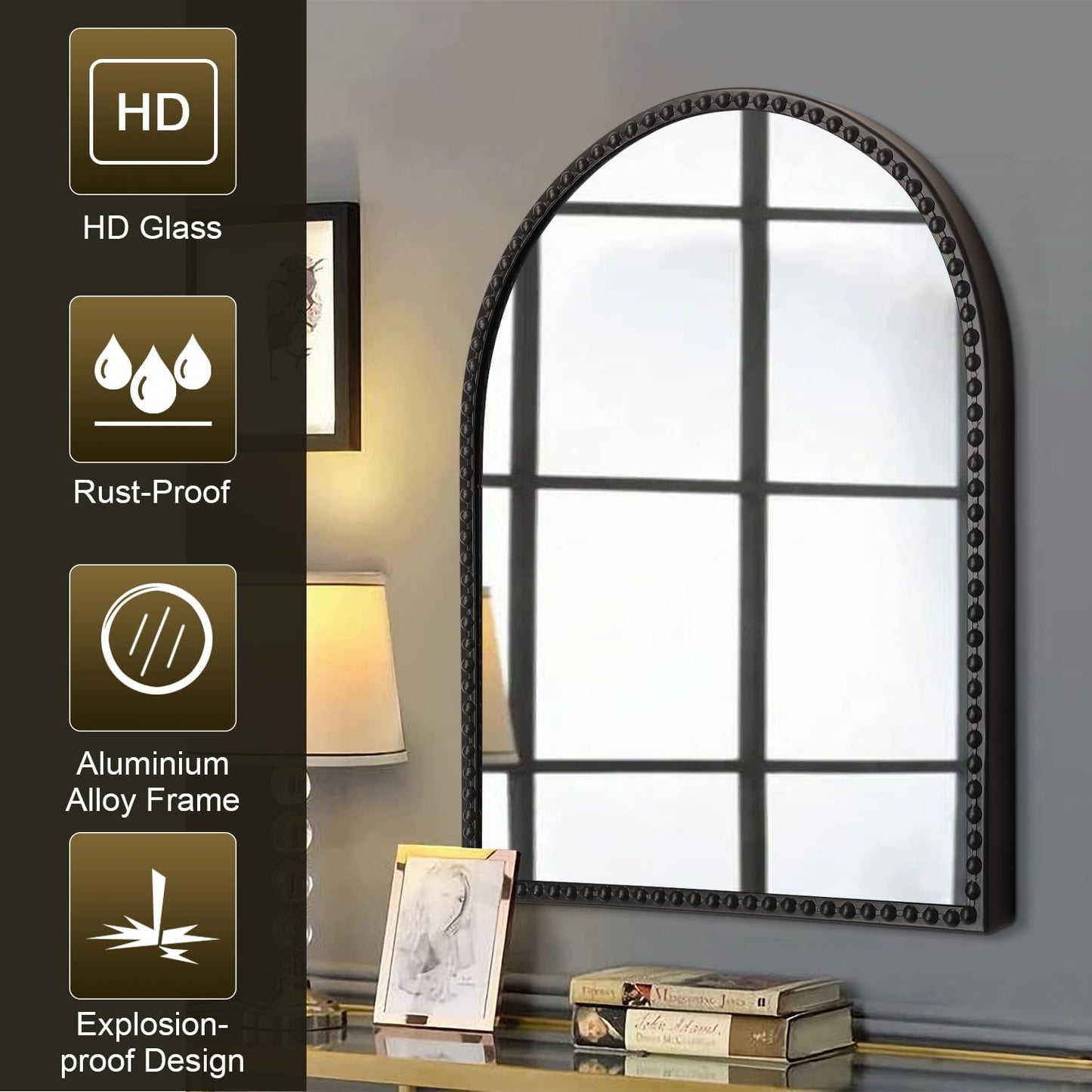 Arched Wall Mirror Metal Beaded Frame Bathroom Mirror for LivingRoom / 30"L x 20"W / Black / 30 x 20