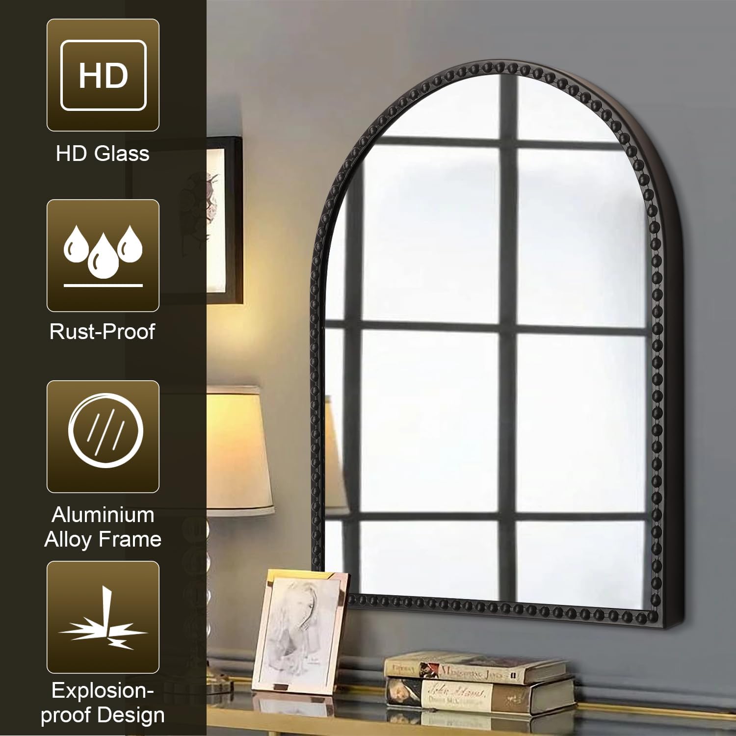 Arched Wall Mirror Metal Beaded Frame Bathroom Mirror for LivingRoom / 30"L x 20"W / Black / 30 x 20
