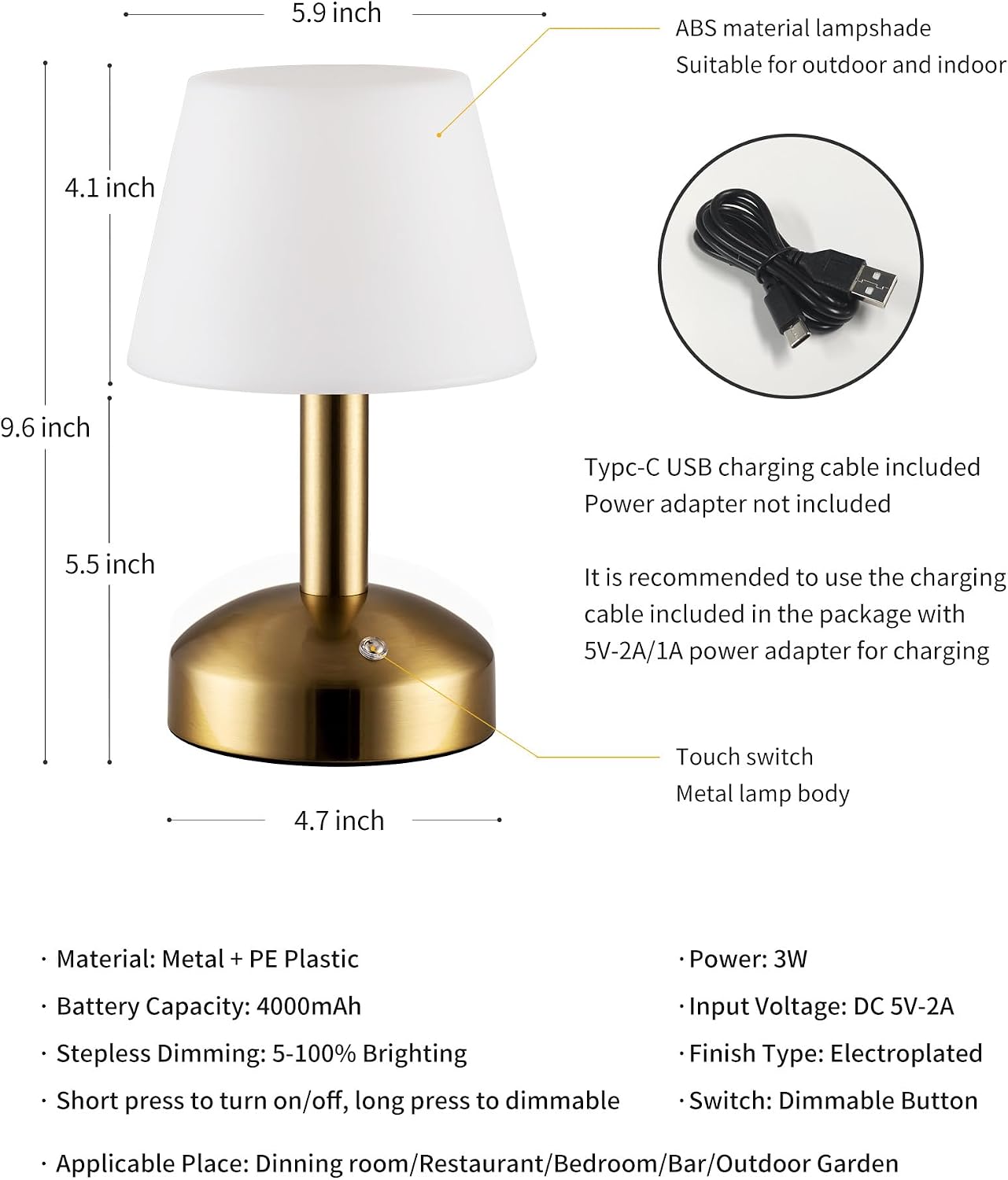 KDG Gold Cordless Small Table Lamp, Portable LED Dimmable Desk Lamp | Modern 4000mAh Rechargeable Battery Operated