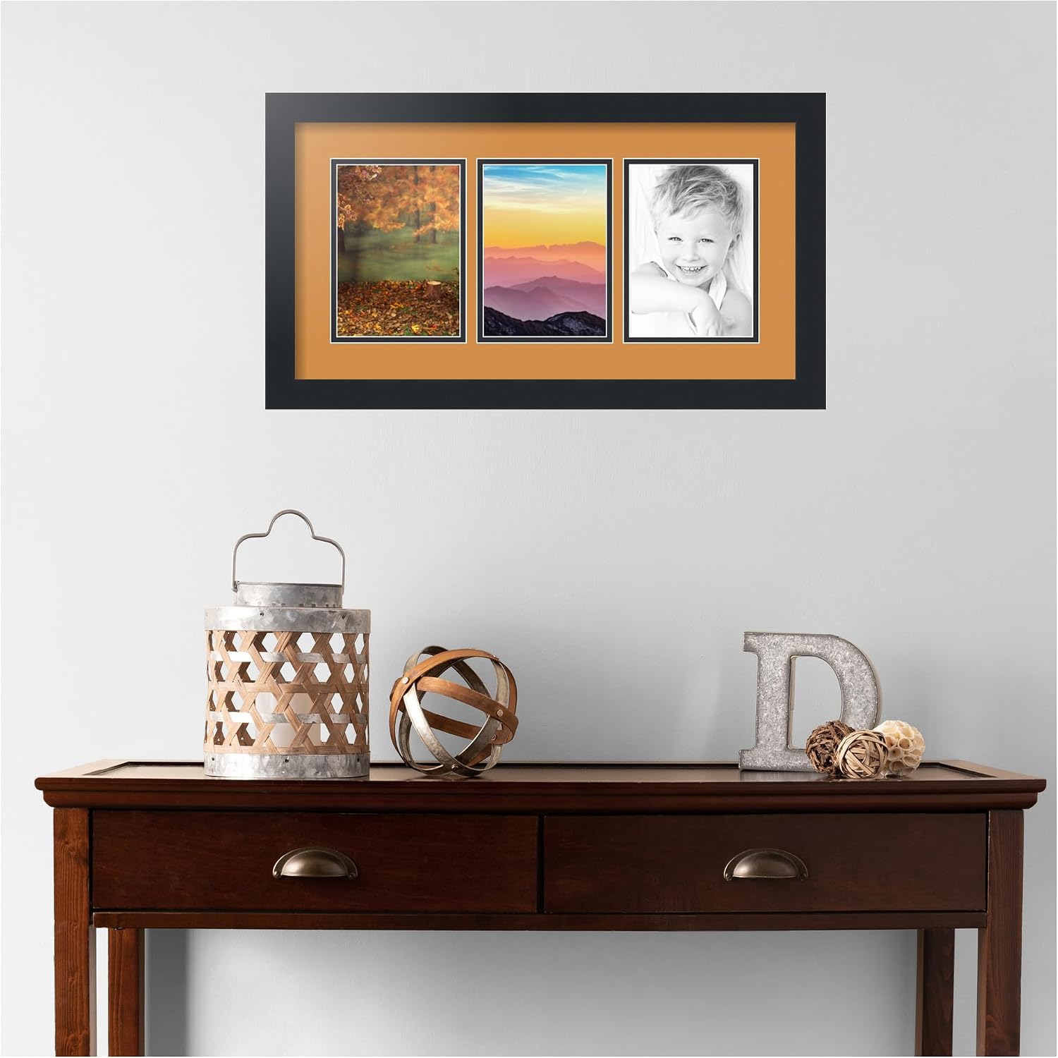 ArtToFrames Collage Picture Frame 3 Opening 3-5x7 Photo Frame | Made in USA | Black Frame Amber and Black Mats | Wall