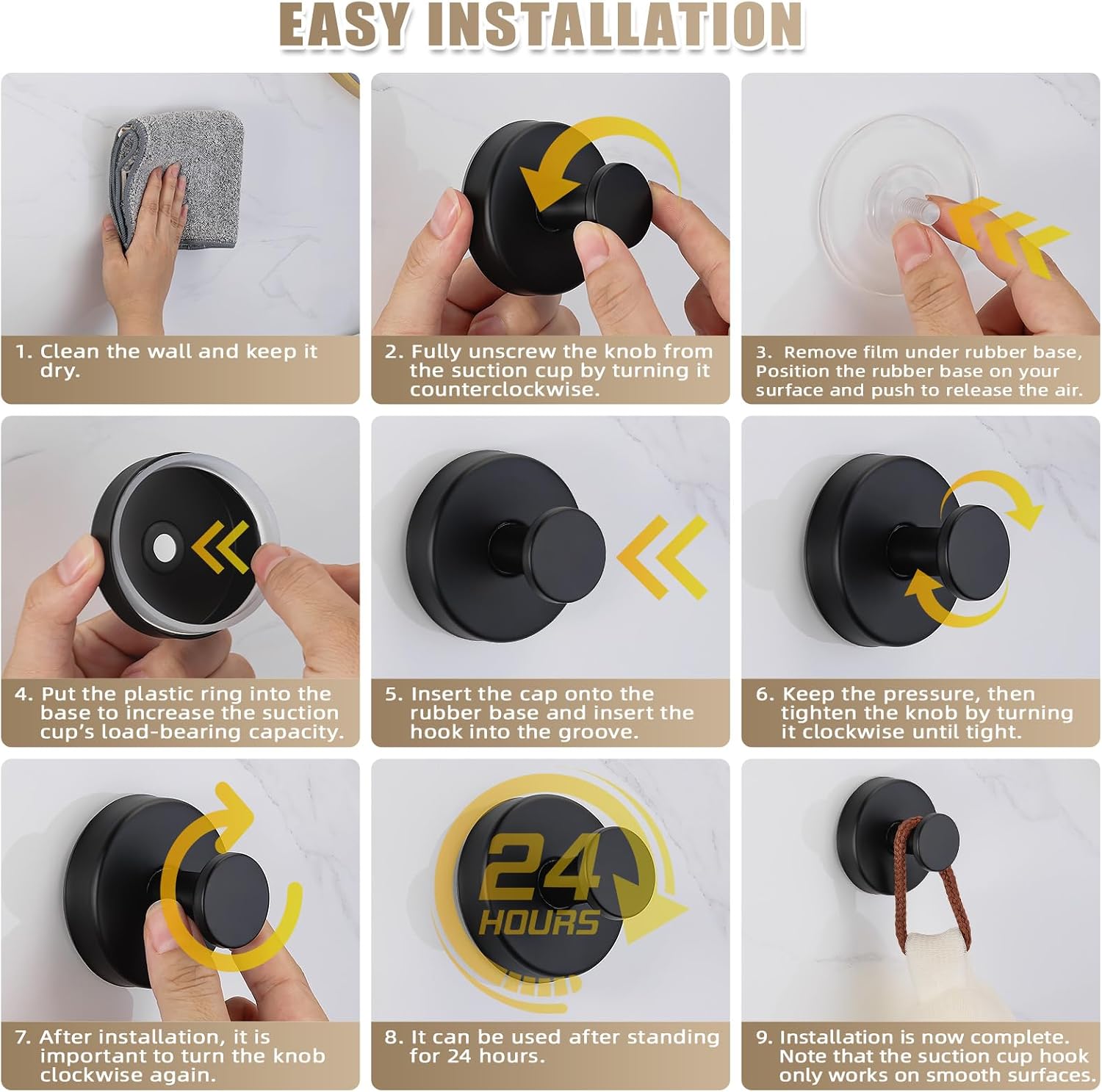 Suction Cup Hooks for Shower No-Drill Bathroom Hooks for Towels / Matte Black / Set of 2