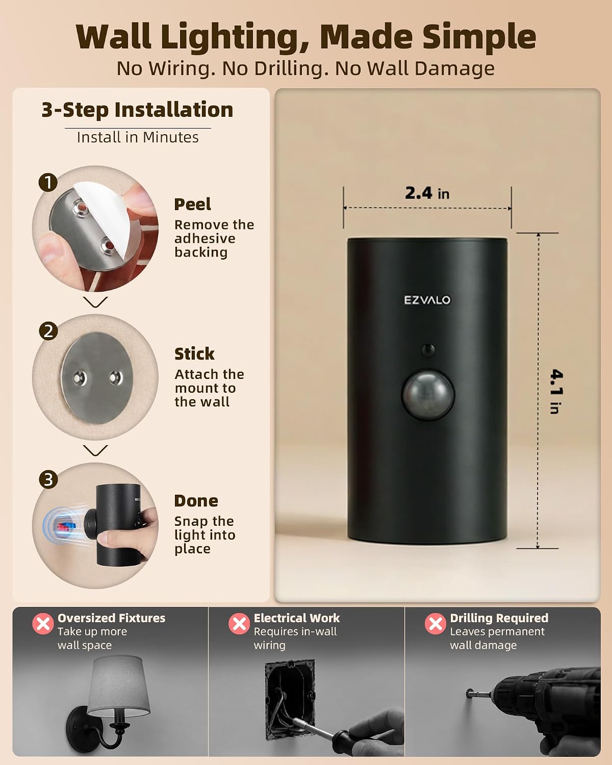 EZVALO Motion Sensor Wall Light, Rechargeable Wireless LED Sconce | 3CCT & RGB, No Drill Mount, Remote, Dimmable