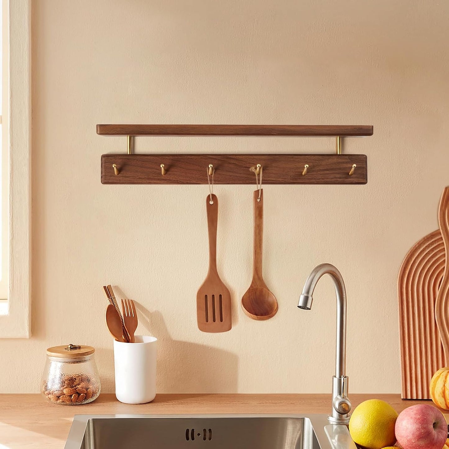Solid Wood Shelf with Hooks, 19 inch Coat Rack Wall Mount, Shelves with 6 Brass Hooks for Hanging in Entryway, Living