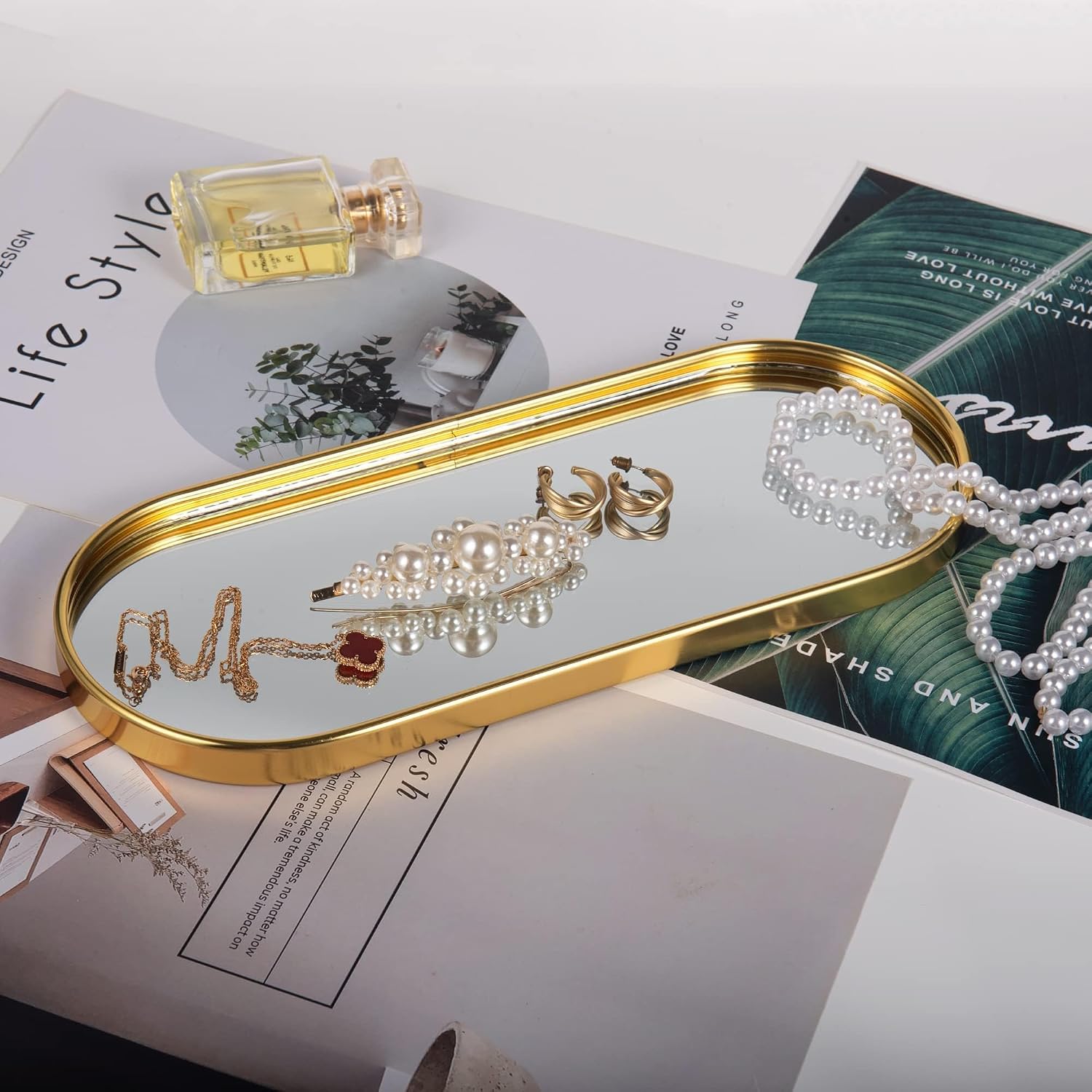 Mirrored Jewelry Trinket Tray Vanit Little Ring Earings Organizer Ornate Cosmetic Perfume / Gold