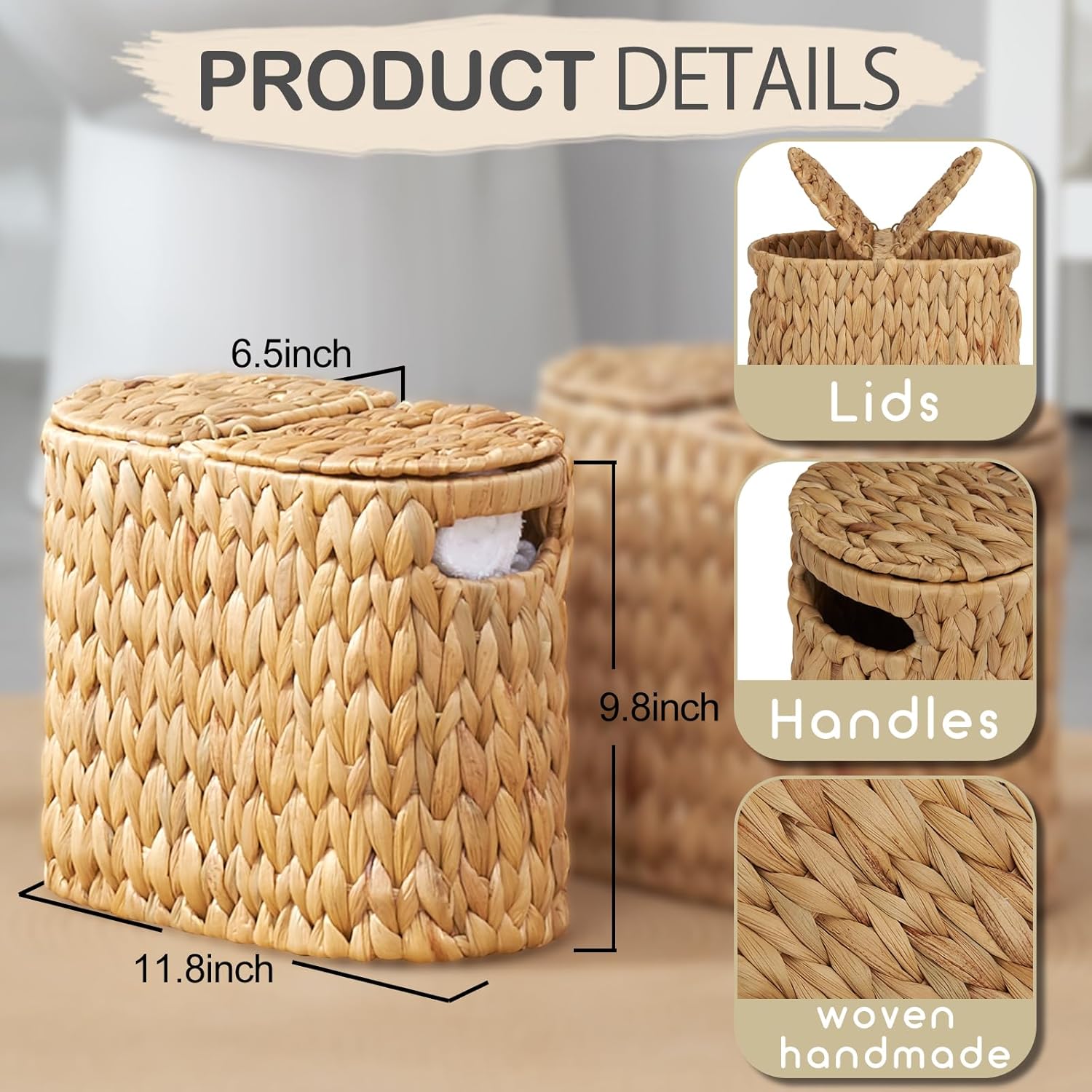 Toilet Paper Basket with Lid, Water Hyacinth Wicker Toilet Paper Storage Holder for 4 Rolls, Toilet Paper Storage for
