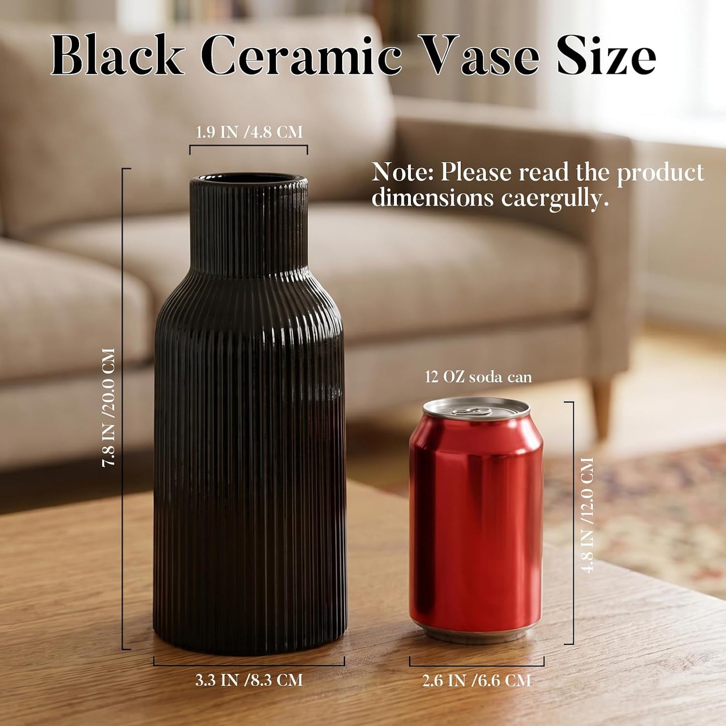 Black Ceramic Tall Vase / 1-piece-set / Medium Black