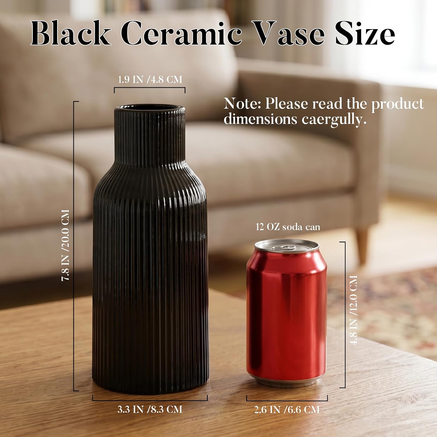 Black Ceramic Tall Vase / 1-piece-set / Medium Black